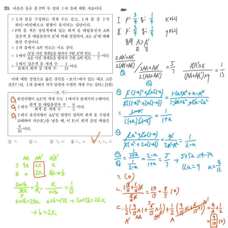 2021학년도 대수능 생명과학 II 20번 '집단유전' 풀이