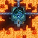 8-bit 도트 그래픽으로 가운데에 눈처럼 보이는 무언가가 박혀있는 바위가 있고, 주변으로 검은 땅과 용암 바다가 보이는 스크린샷