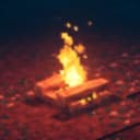 마인크래프트 던전스 메인 화면의 모닥불에 초점이 맞춰진 스크린샷